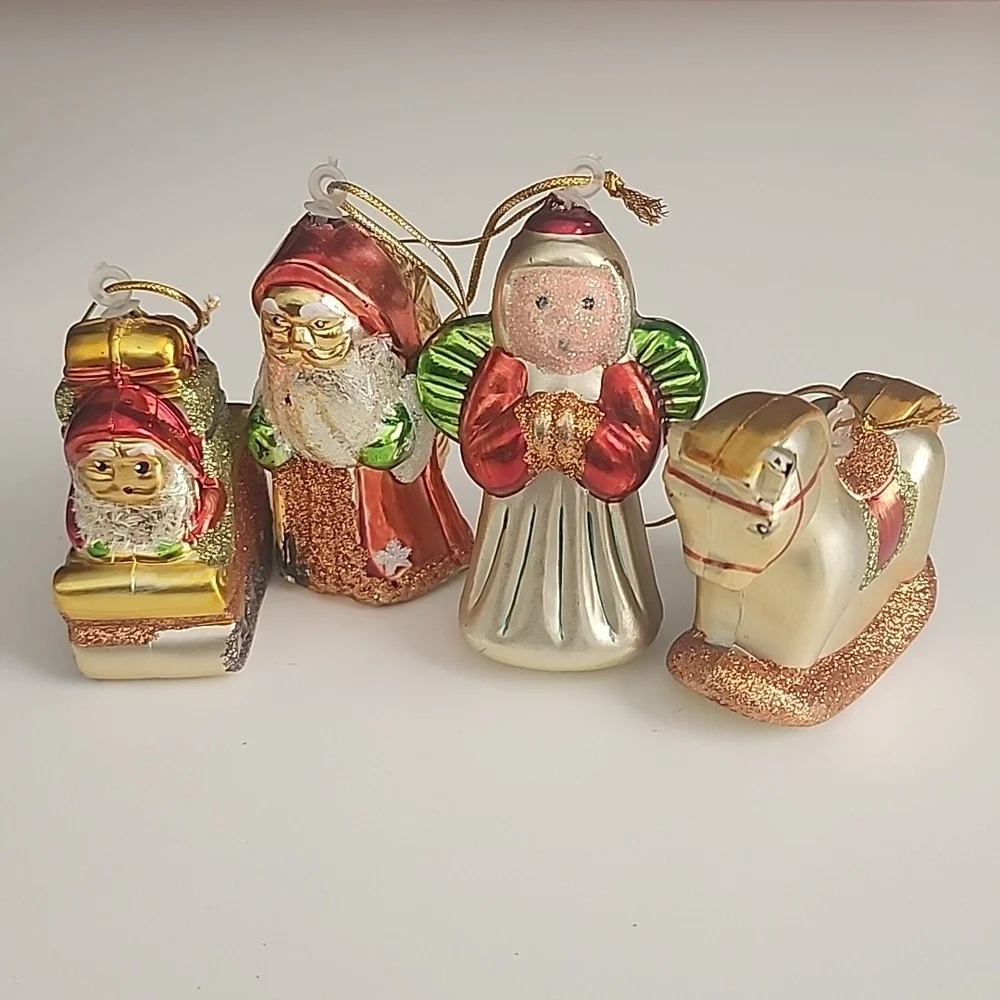 Vintage Christmas Mini Ornament Set Santa Angel Sleigh Rocking Horse Retro Decor